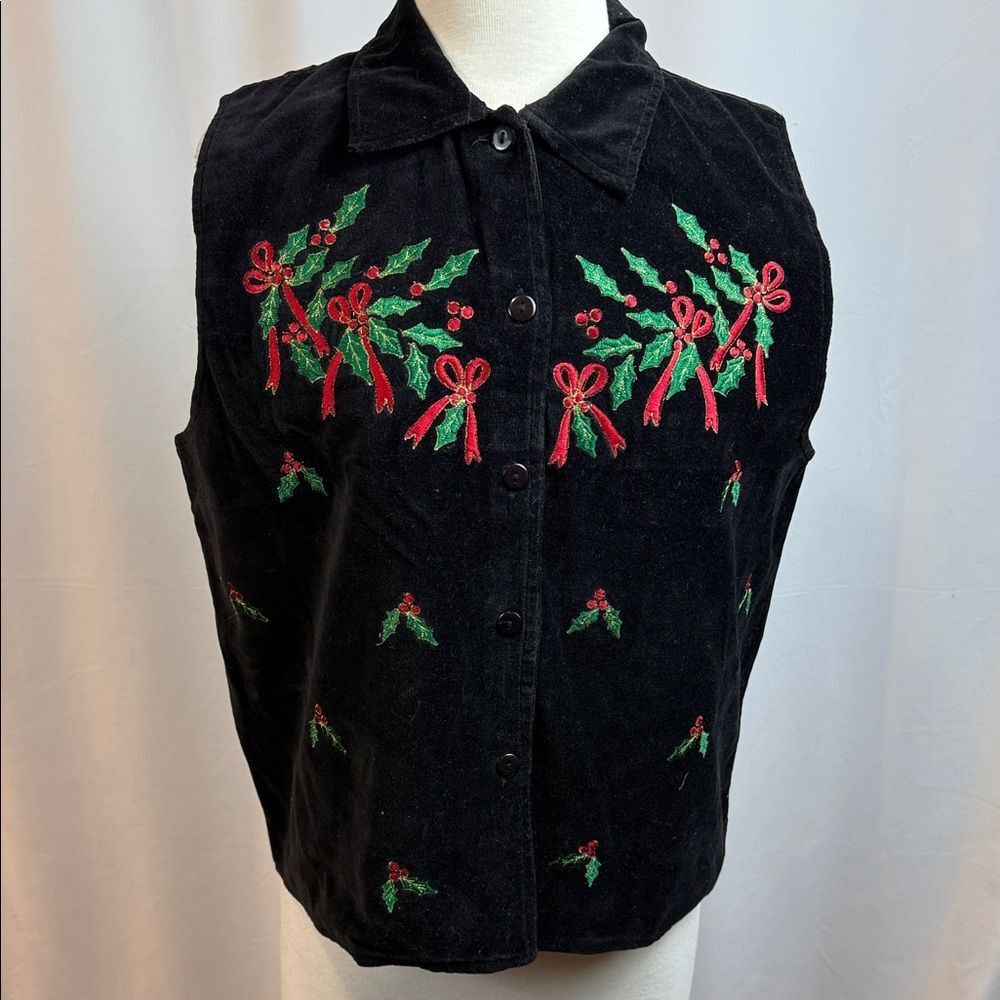 Dressbarn Black Vest with Red and Green Embroidery - Ivy & Bows - Medium